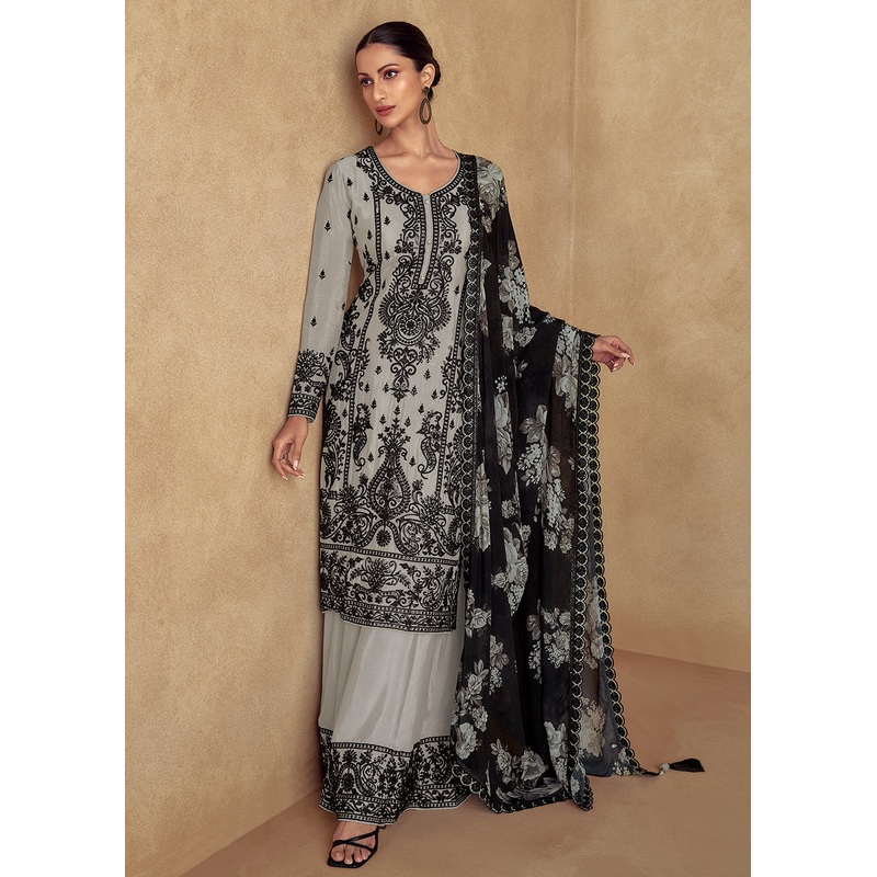 Ash Grey Embroidered Lucknowi Style Palazzo Suit