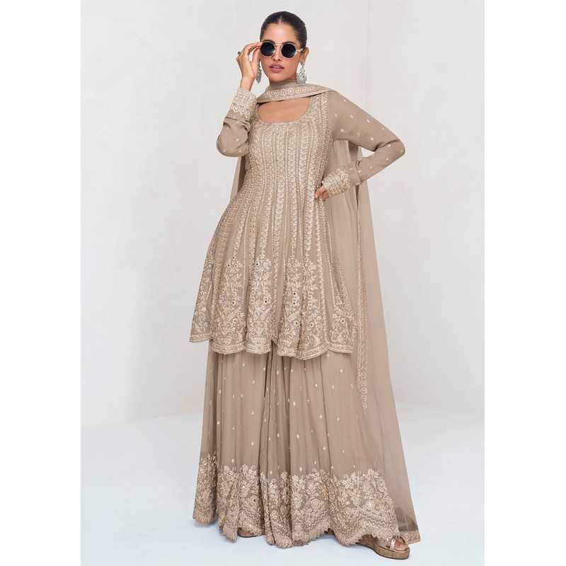 Beige Designer Embroidered Wedding Sharara Suit