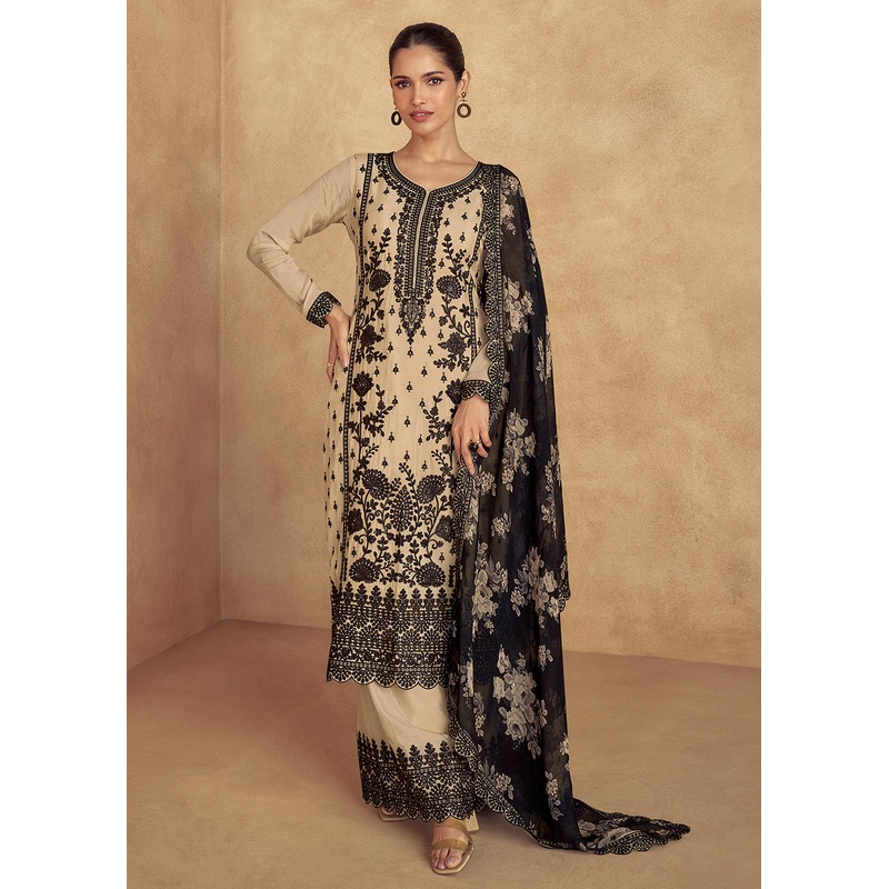 Beige Embroidered Lucknowi Style Palazzo Suit