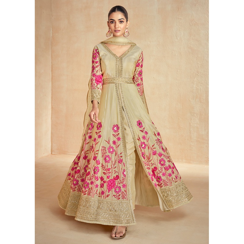 Beige Gold Embroidered Slit Style Festive Anarkali Suit