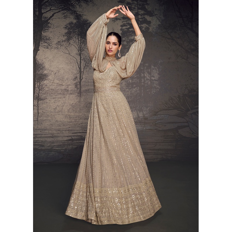 Beige Lucknowi Style Wedding Festive Anarkali Gown