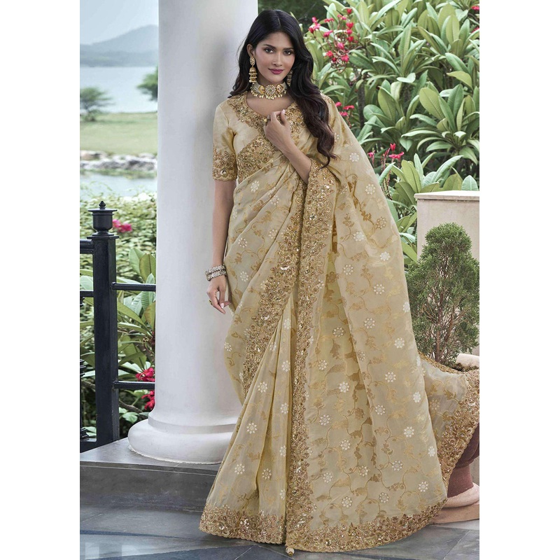 Beige Viscose Silk Embroidered Designer Wedding Saree