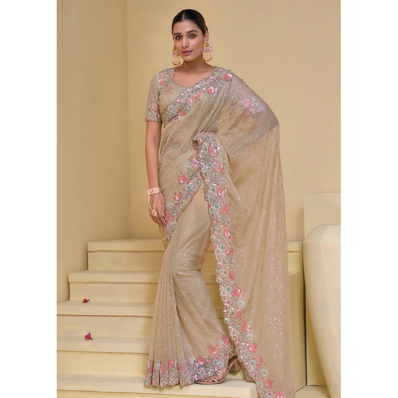 Beigy Cream Banarasi Silk Embroidered Designer Saree