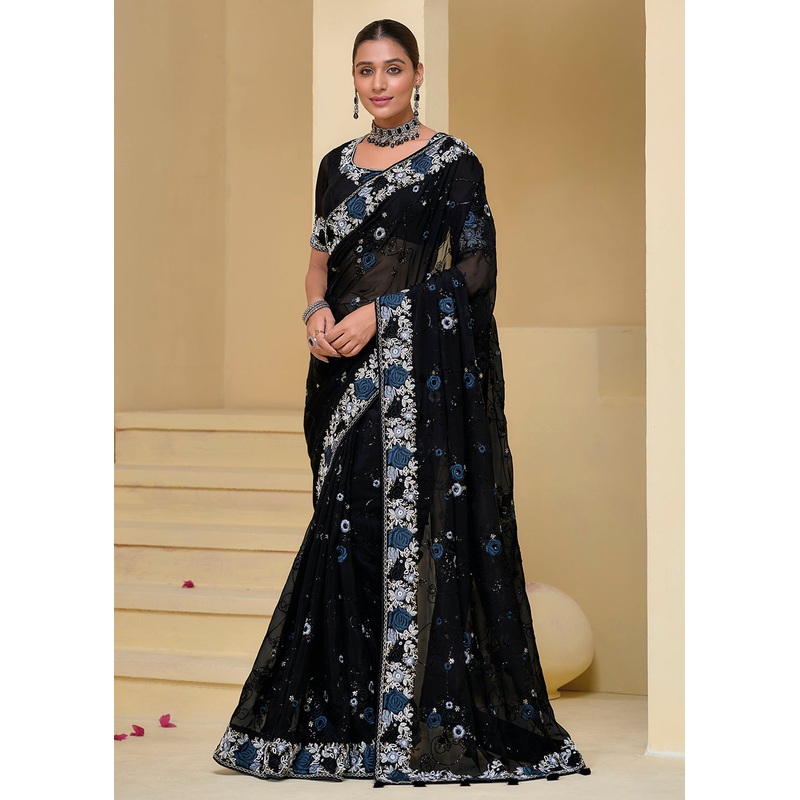 Black Banarasi Silk Embroidered Designer Saree
