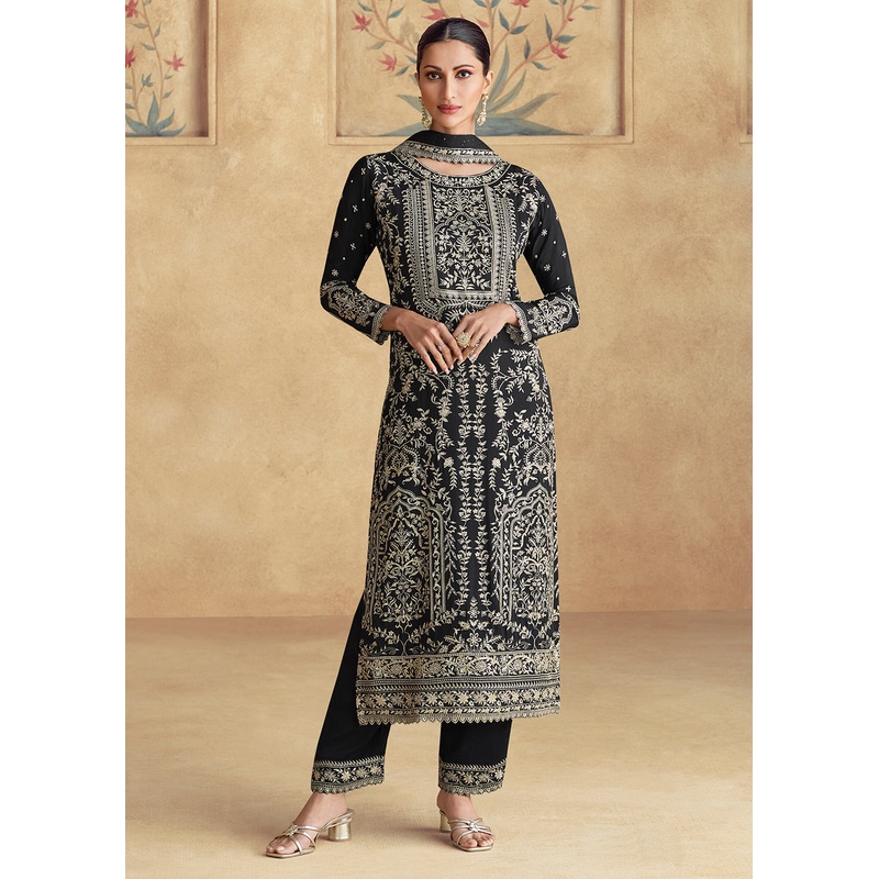 Black Embroidered Chinnon Silk Designer Salwar Suit