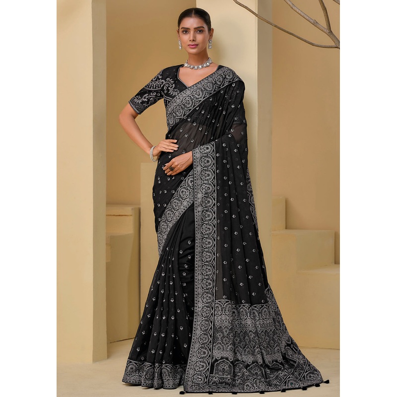 Black Grey Banarasi Silk Embroidered Designer Saree