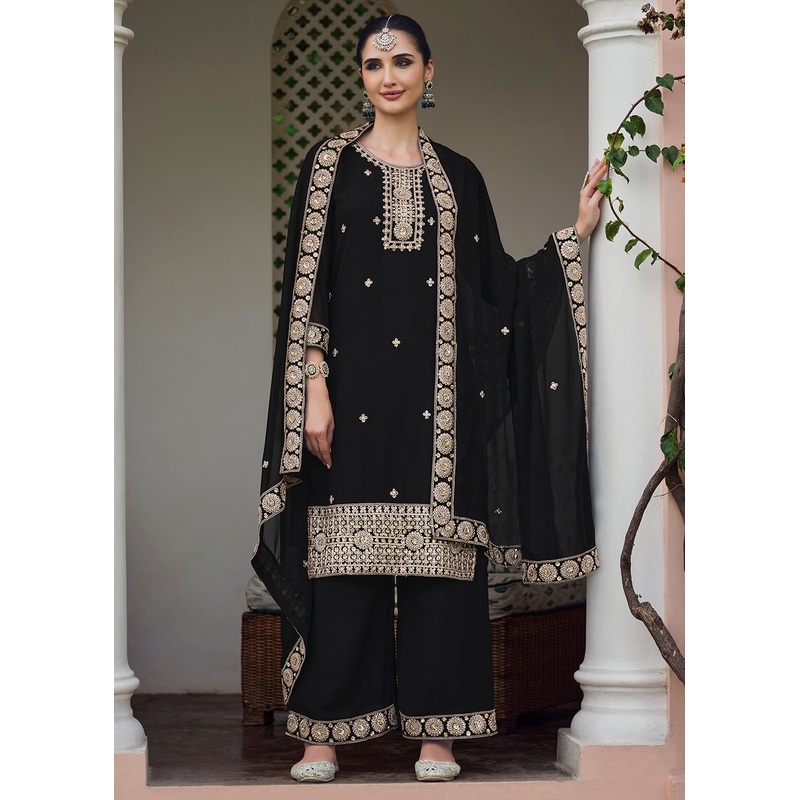 Black Stone Work Embroidered Festive Palazzo Suit