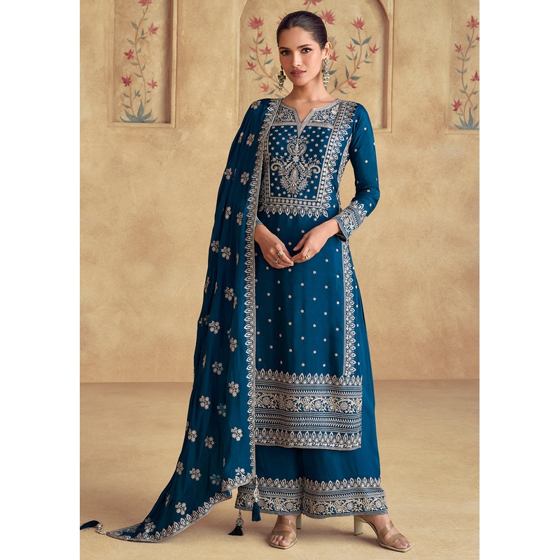 Blue Embroidered Chinnon Silk Designer Salwar Suit