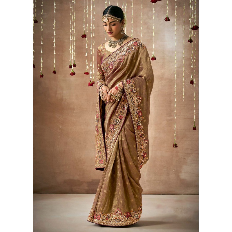 Brown Embroidered Silk Wedding Wear Saree