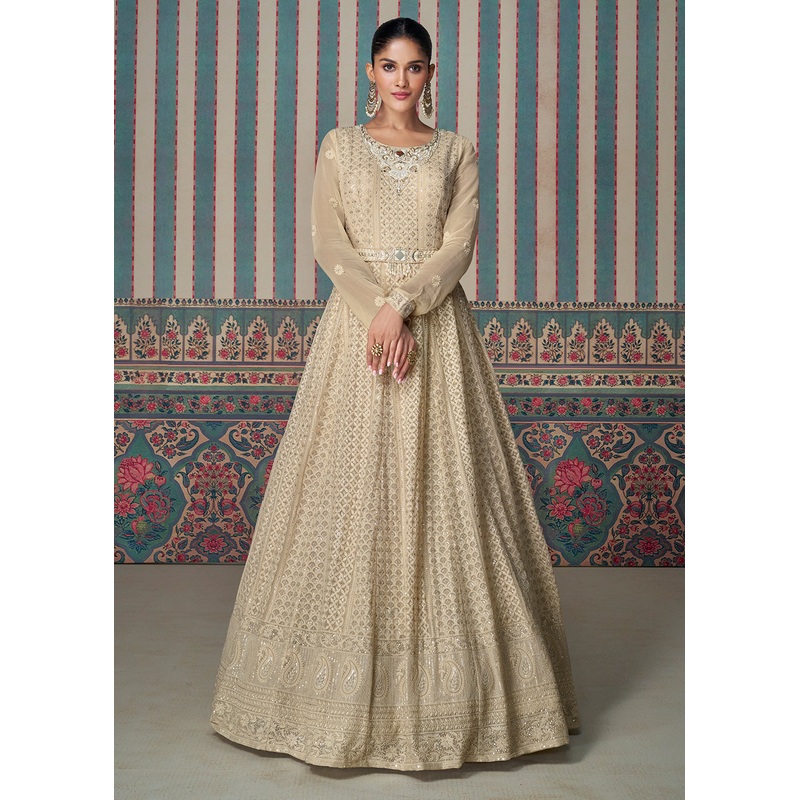 Chikankari Embroidered Beige Georgette Wedding Anarkali Suit