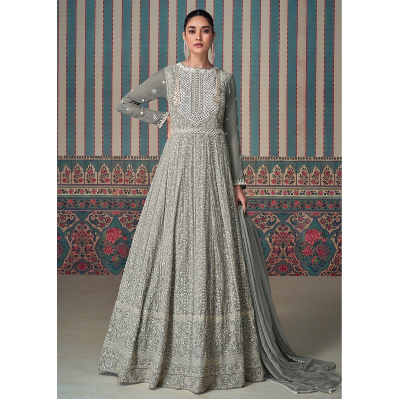 Chikankari Embroidered Grey Georgette Wedding Anarkali Suit