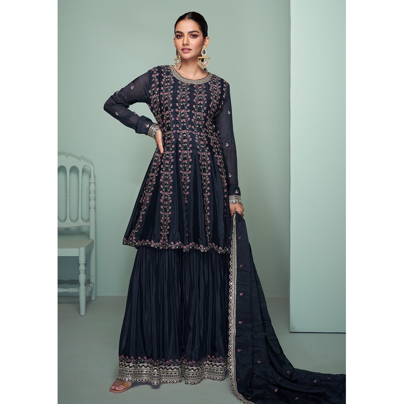 Chinnon Material Blue Embroidered Festive Gharara Suit