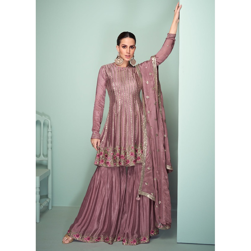 Chinnon Material Pink Embroidered Festive Gharara Suit