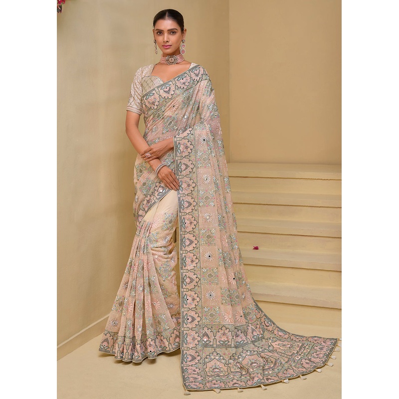 Cream Banarasi Silk Embroidered Designer Saree