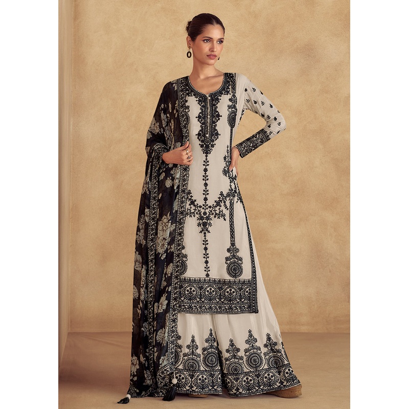 Cream Embroidered Lucknowi Style Palazzo Suit