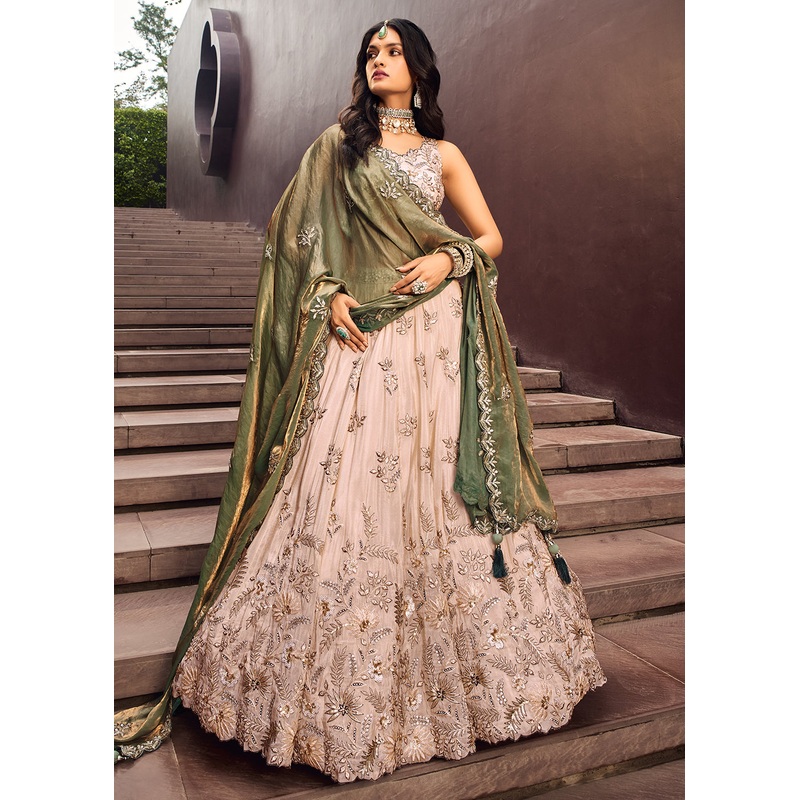 Cream Embroidered Viscose Designer Lehenga with Green Dupatta
