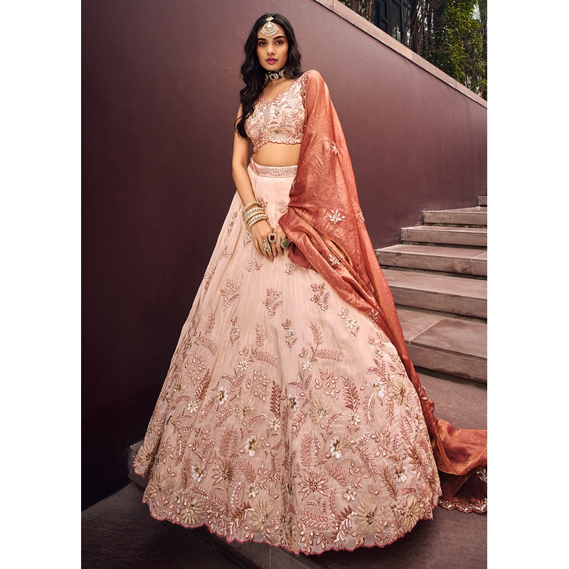 Cream Embroidered Viscose Designer Lehenga with Rose Gold Dupatta