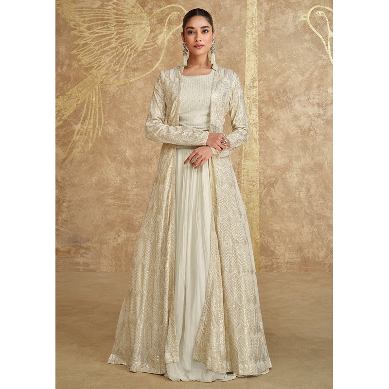 Cream Georgette Embroidered Jacket Style Lehenga Choli