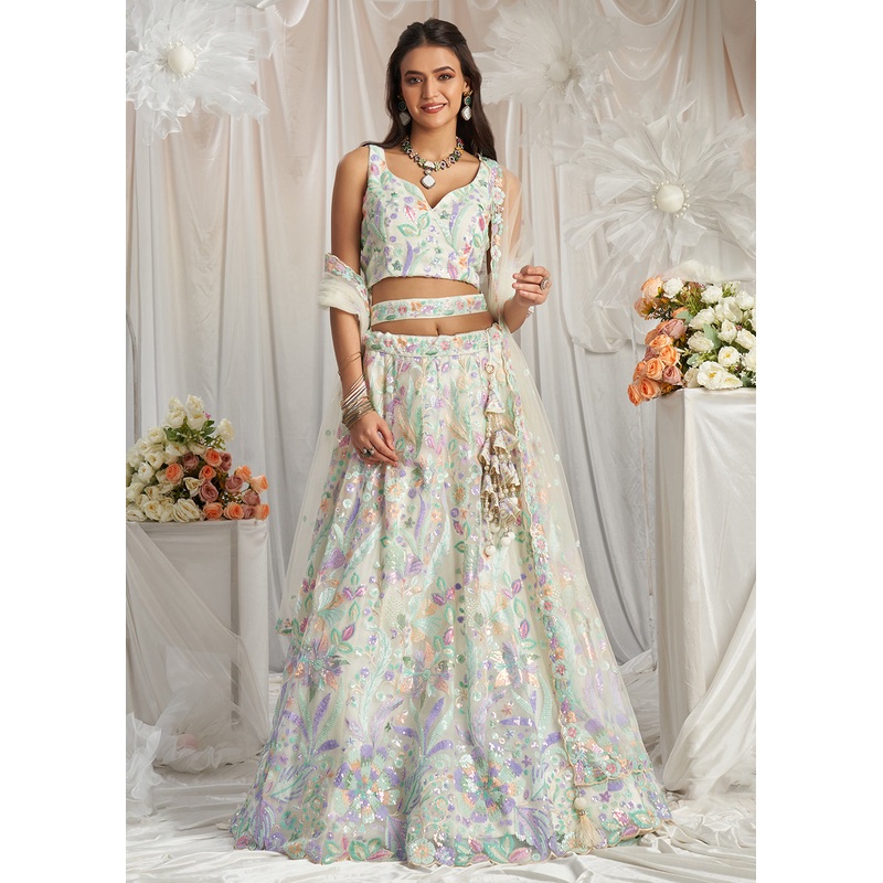 Cream Net Floral Embroidered Designer Lehenga Choli