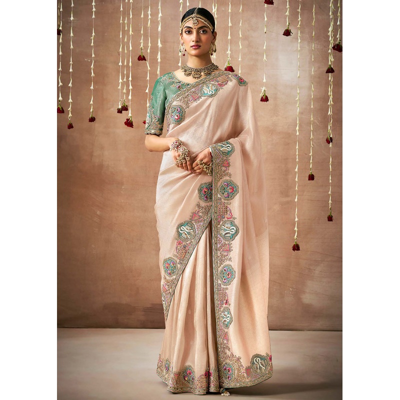 Creamy Peach Embroidered Silk Wedding Wear Saree