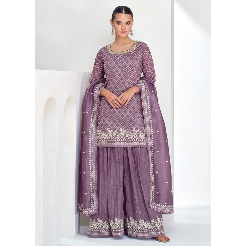 Designer Mauve Embroidered Festive Sharara Suit