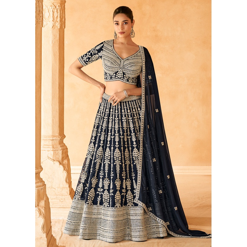 Designer Navy Blue Embroidered Bridesmaids Lehenga Choli