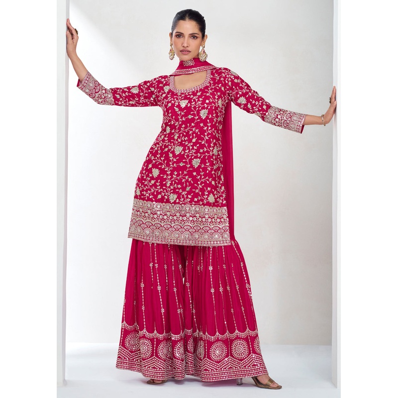 Designer Rani Pink Embroidered Festive Gharara Suit