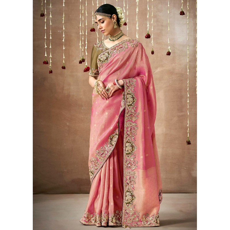 Dusty Pink Embroidered Silk Wedding Wear Saree