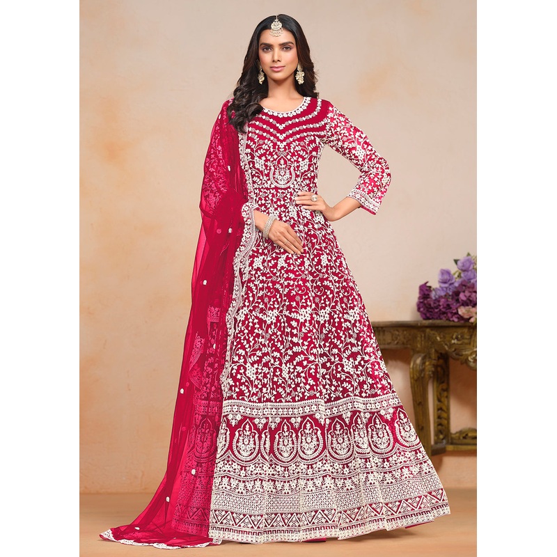 Festive Hot Pink Embroidered Net Designer Anarkali Dress