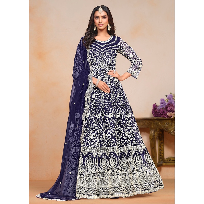Festive Navy Blue Embroidered Net Designer Anarkali Dress