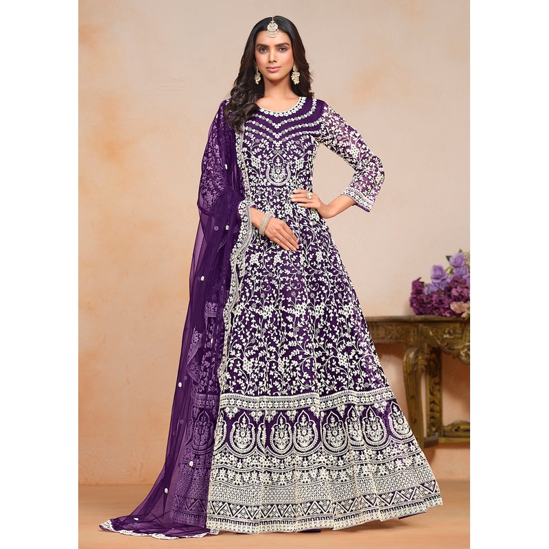 Festive Purple Embroidered Net Designer Anarkali Dress