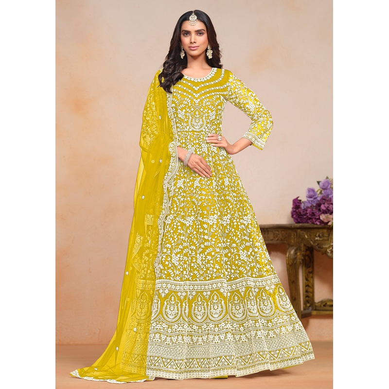 Festive Yellow Embroidered Net Designer Anarkali Dress