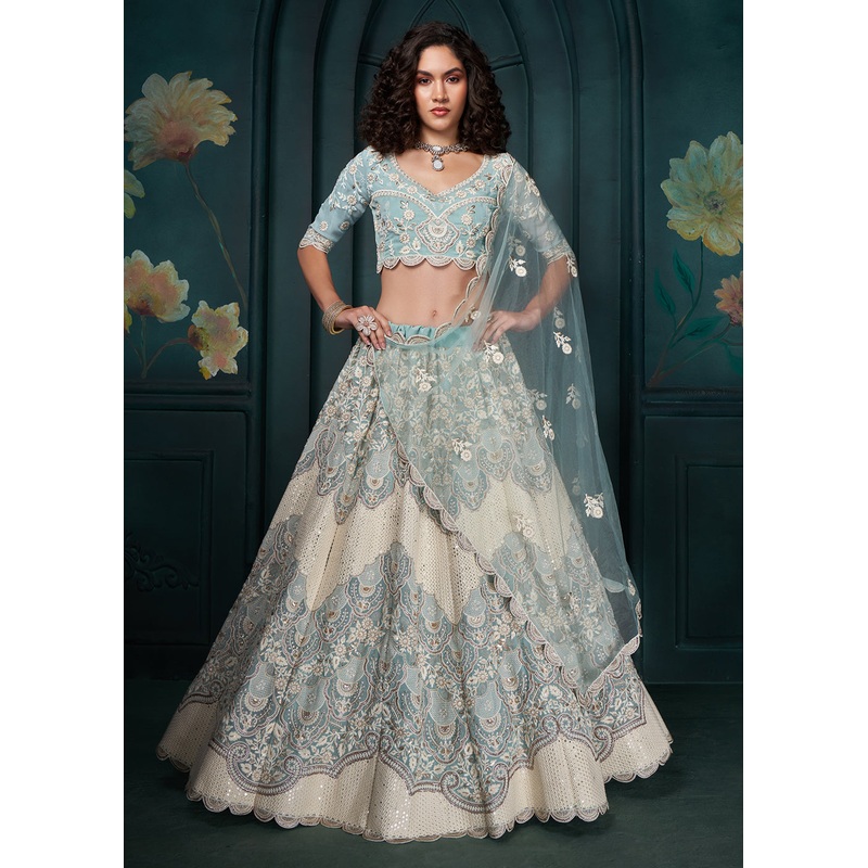 Firozi Blue Cording Embroidered Wedding Lehenga Choli
