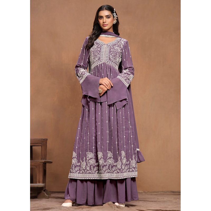 Georgette Mauve Purple Embroidered Festive Palazzo Suit