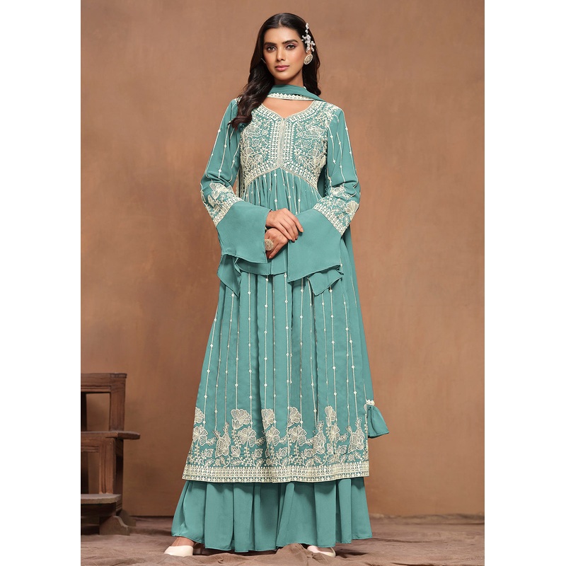 Georgette Mint Teal Embroidered Festive Palazzo Suit