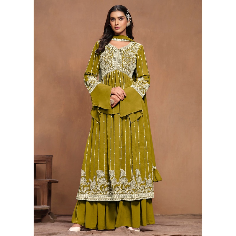 Georgette Olive Green Embroidered Festive Palazzo Suit