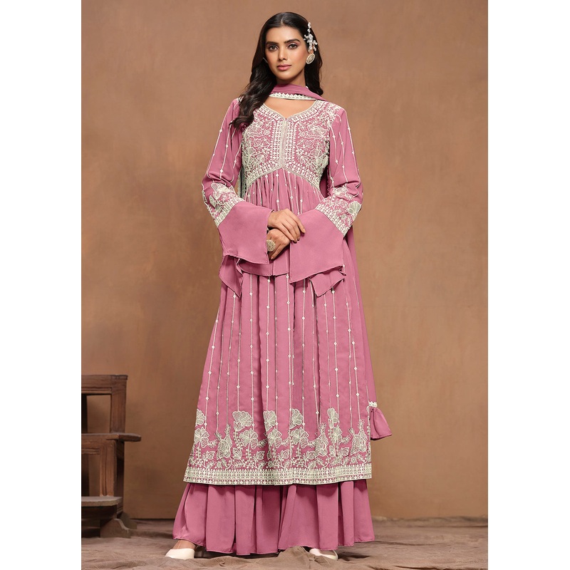 Georgette Puce Pink Embroidered Festive Palazzo Suit