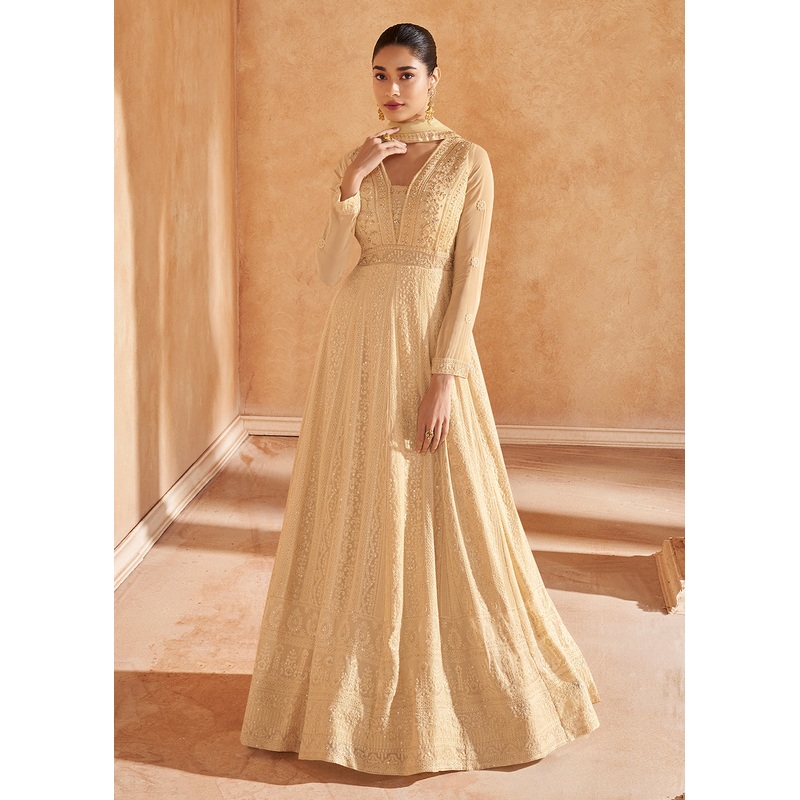 Gold Beige Chikankari Embroidered Wedding Anarkali Gown