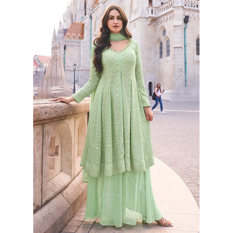 Green Anarkali Style Embroidered Festive Sharara Suit
