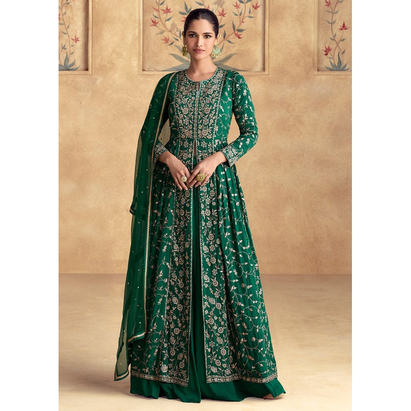 Green Embroidered Chinnon Wedding Party Lehenga Suit