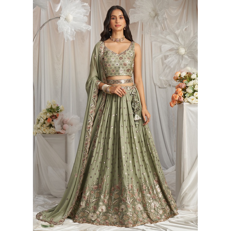 Green Georgette Cording Threads Embroidered Lehenga Choli