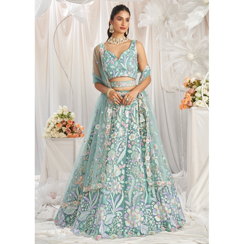 Green Net Floral Embroidered Designer Lehenga Choli