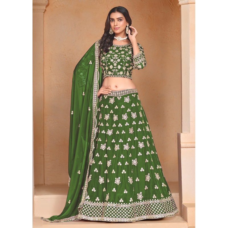 Green Organza Embroidered Festive Lehenga Choli