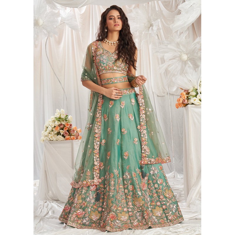 Green Organza Multi Sequinned Wedding Lehenga Choli
