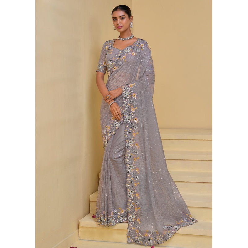 Grey Banarasi Silk Embroidered Designer Saree