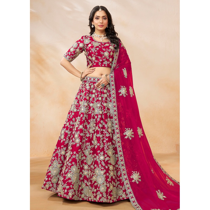 Hot Pink Embroidered Art Silk Wedding Lehenga Choli