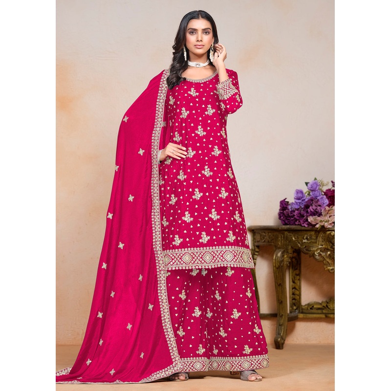 Hot Pink Sequins Embroidered Chinnon Festive Palazzo Suit