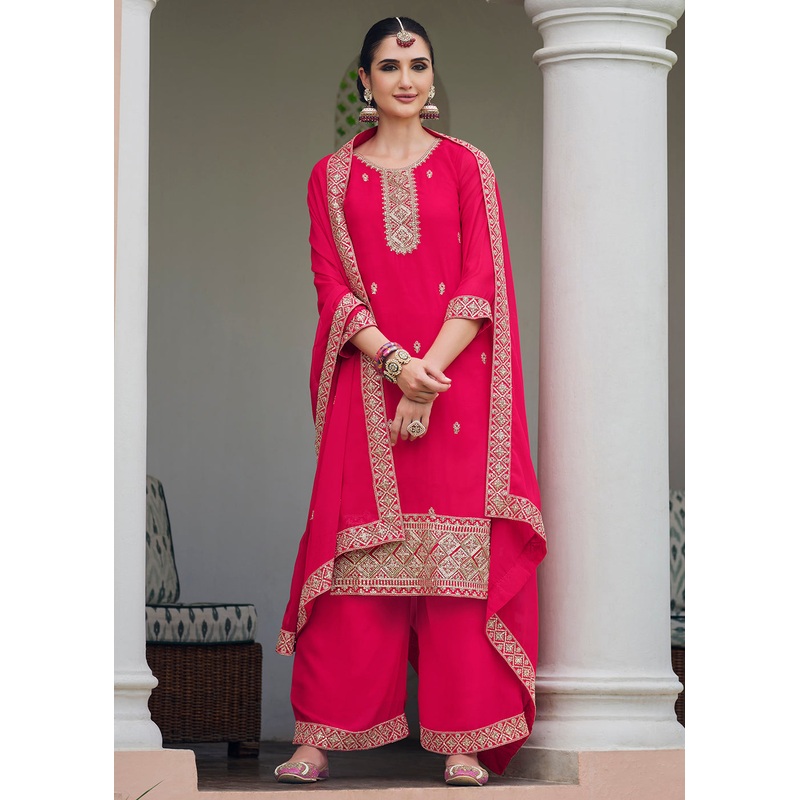 Hot Pink Stone Work Embroidered Festive Palazzo Suit