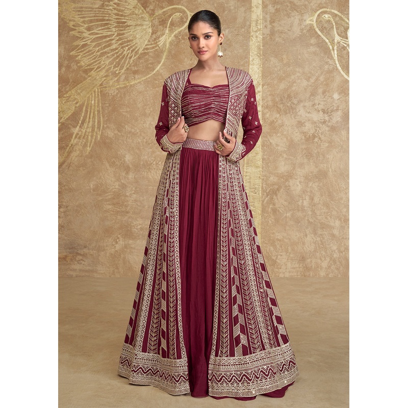 Jacket Style Maroon Embroidered Festive Lehenga Choli