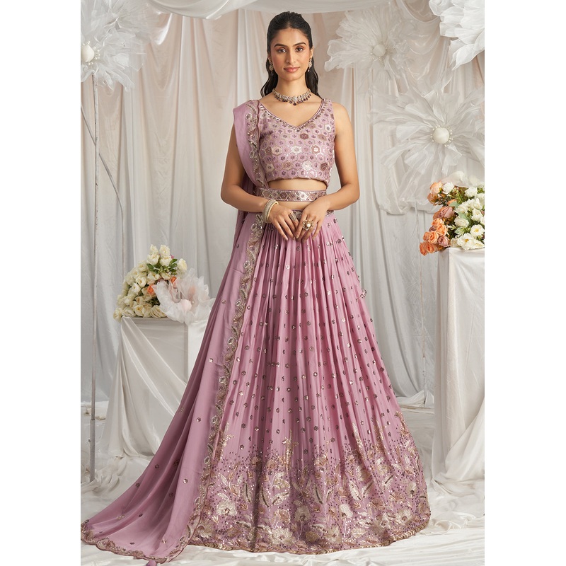 Lavender Georgette Cording Threads Embroidered Lehenga Choli